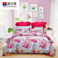 富安娜家紡原創(chuàng)印花套件絢爛典雅純棉四件套艷冠群芳紅色1.5m床適用